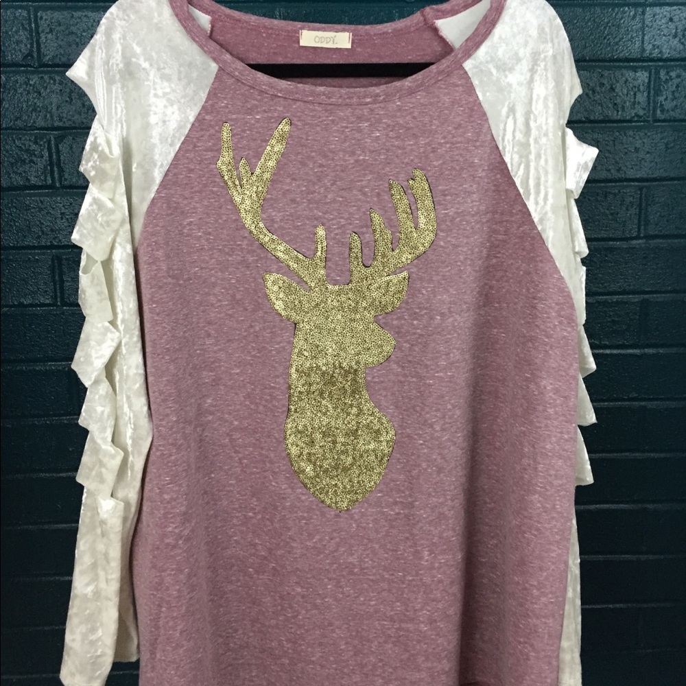 Oddy 3X Holiday Long Sleeve Reindeer Sequin Top
